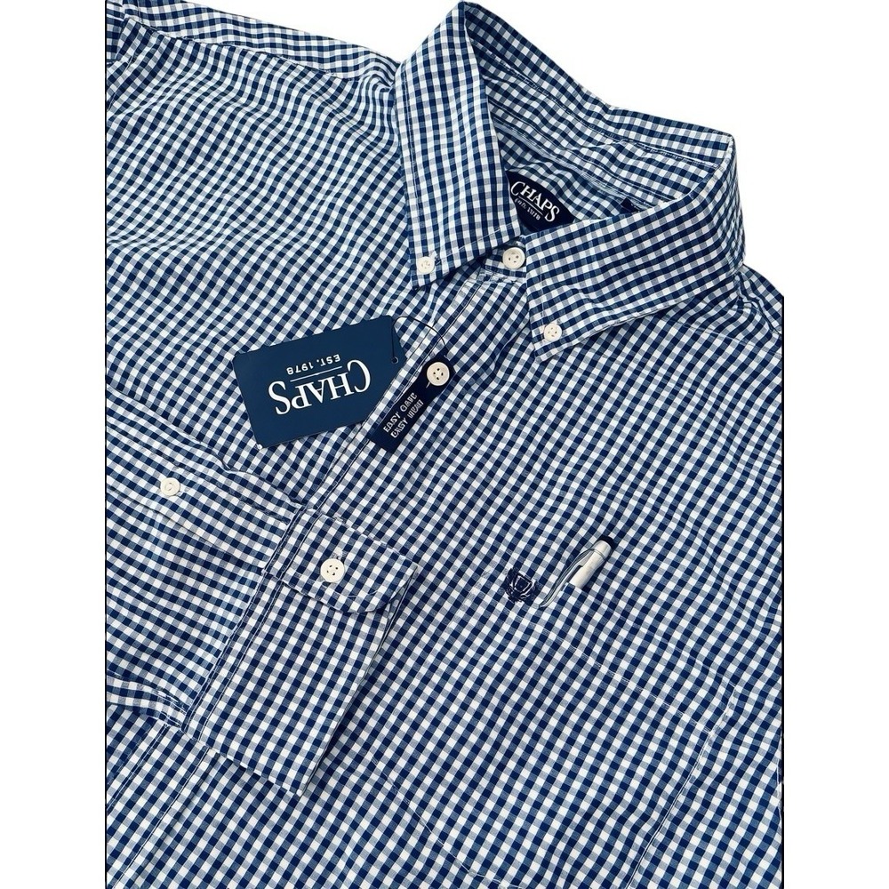 Chaps Stretch Easy Care Shirt‎ XXL Blue Gingham Check Long Sleeve Button-Down